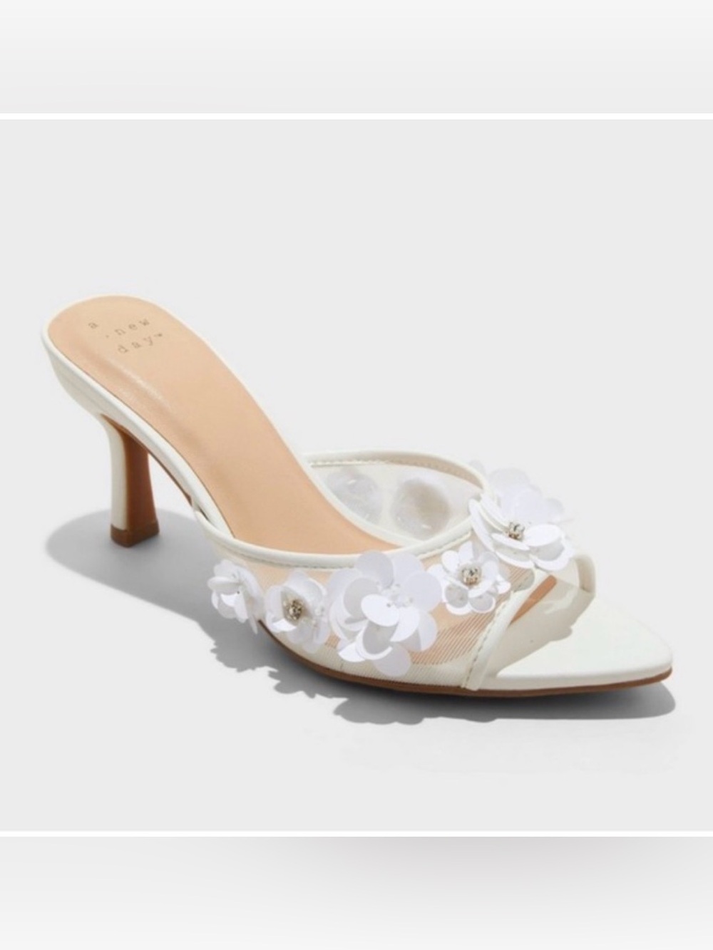 a new day White Floral Mesh Peep Toe Heel Mules w/ Memory Foam Insole Size 8 NWT